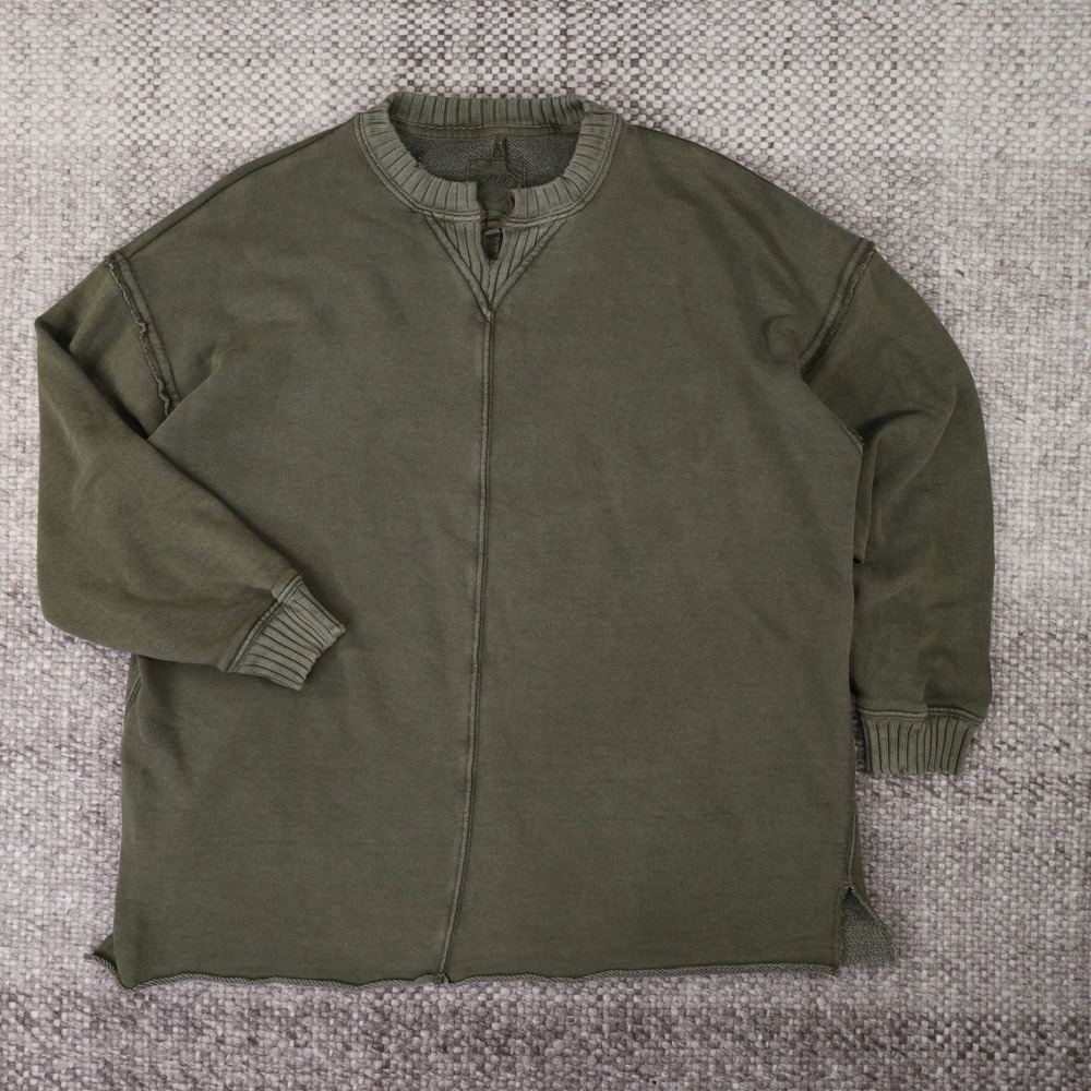 Aerie Oversized Notch Neck Sweatshirt Olive Green XXS Exposed Seam Pullover